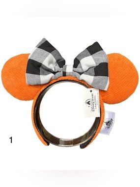 Disney Halloween Minnie Mouse Corduroy Black White Plaid Ears Headband NEW! 1